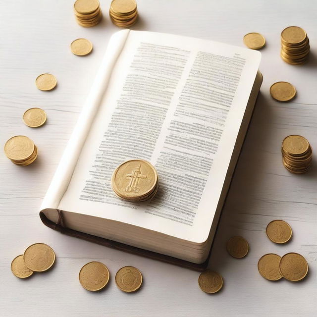 An image depicting the theme 'Finanças à Luz da Bíblia', showing a Bible open with golden coins and financial documents around it