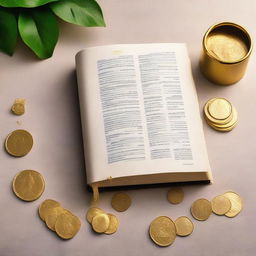 An image depicting the theme 'Finanças à Luz da Bíblia', showing a Bible open with golden coins and financial documents around it