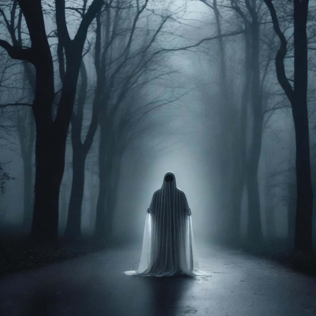 A real ghost in the middle of an empty and dark road at night