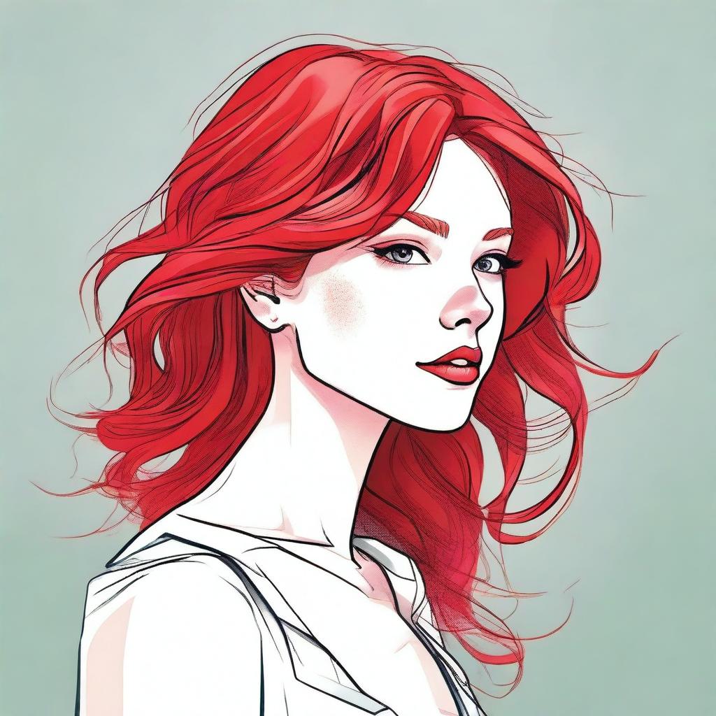 A detailed illustration of a person with vibrant red hair, styled in a unique and eye-catching way