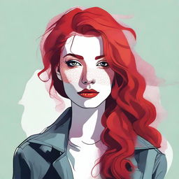 A detailed illustration of a person with vibrant red hair, styled in a unique and eye-catching way