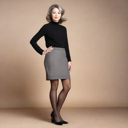 A middle-aged woman wearing a short skirt and pantyhose