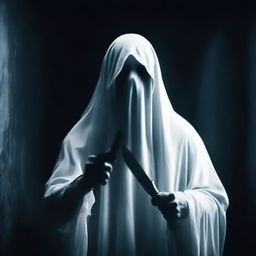 A ghost staring directly ahead, holding a knife in its hand, positioned at the background of the image