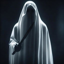 A ghost staring directly ahead, holding a knife in its hand, positioned at the background of the image