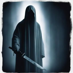 A ghost staring directly ahead, holding a knife in its hand, positioned at the background of the image