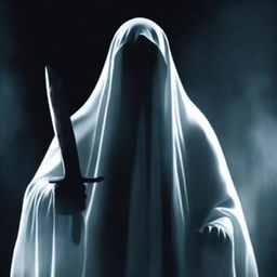 A ghost staring directly ahead, holding a knife in its hand, positioned at the background of the image