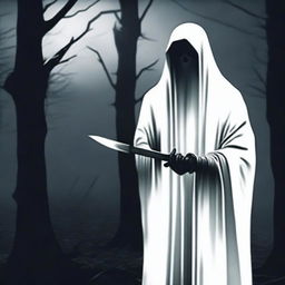 A ghost staring directly ahead, holding a knife in its hand, positioned slightly away from the foreground