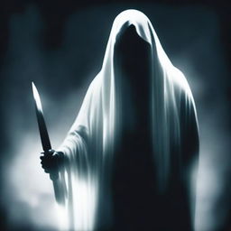 A ghost staring directly ahead, holding a knife in its hand, positioned slightly away from the foreground