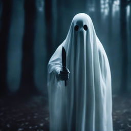 A ghost staring directly ahead, holding a knife in its hand, positioned slightly away from the foreground