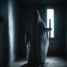 A ghost at the back of a dark room, holding a knife in its hand