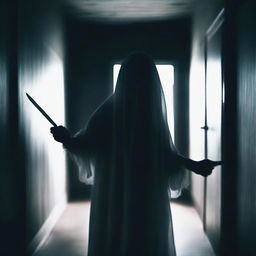 A ghost at the back of a dark room, holding a knife in its hand