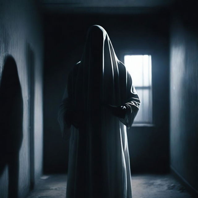 A ghost at the back of a dark room, holding a knife in its hand