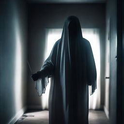 A ghost at the back of a dark room, holding a knife in its hand