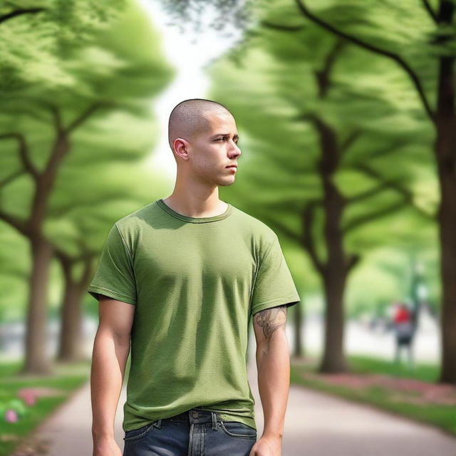 A hyper realistic image of an American young man with a buzz cut hairstyle walking in a city park