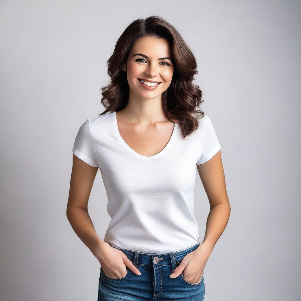 A brunette woman wearing a tight white shirt, standing in a casual yet stylish pose