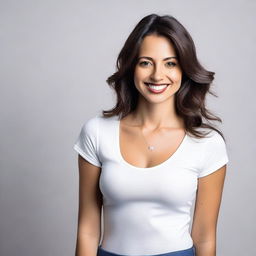 A brunette woman wearing a tight white shirt, standing in a casual yet stylish pose