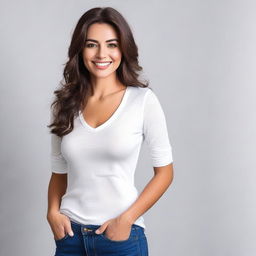 A brunette woman wearing a tight white shirt, standing in a casual yet stylish pose