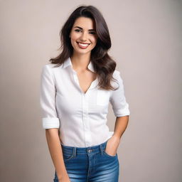 A brunette woman wearing a tight white shirt, standing in a casual yet stylish pose