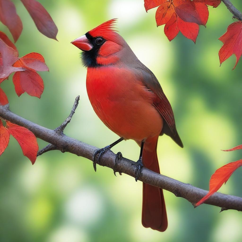 A detailed and vibrant image of a cardinal and a crow perched on a tree branch