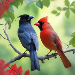 A detailed and vibrant image of a cardinal and a crow perched on a tree branch