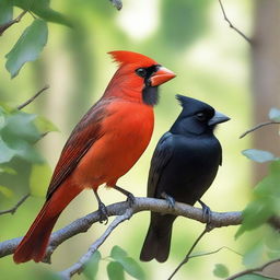 A detailed and vibrant image of a cardinal and a crow perched on a tree branch