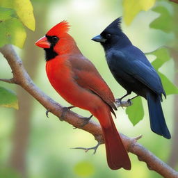 A detailed and vibrant image of a cardinal and a crow perched on a tree branch