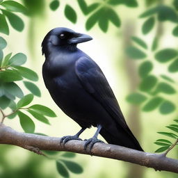 A detailed and realistic image of a crow perched on a tree branch
