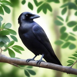 A detailed and realistic image of a crow perched on a tree branch