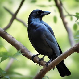 A detailed and realistic image of a crow perched on a tree branch