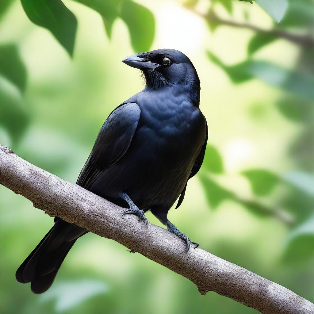 A detailed and realistic image of a crow perched on a tree branch