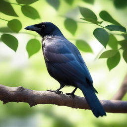 A detailed and realistic image of a crow perched on a tree branch