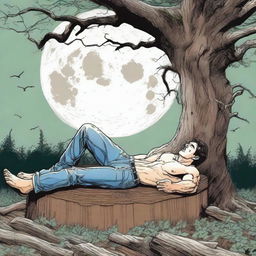 A sexy young man lies on his back across a giant altar made from a tree stump