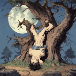 A sexy young man lies on his back across a giant altar made from a tree stump