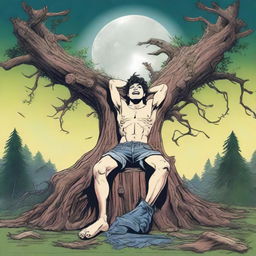 A sexy young man lies on his back across a giant altar made from a tree stump