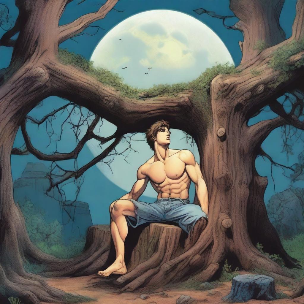 A sexy young man lies on his back across a giant altar made from a tree stump