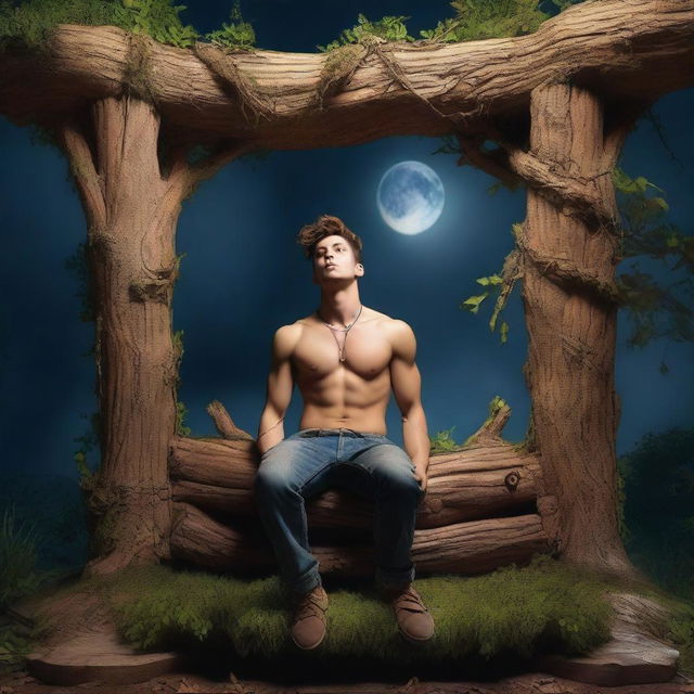 A sexy young man lies on his back across a giant altar made from a tree stump, tied with vines as a sacrifice