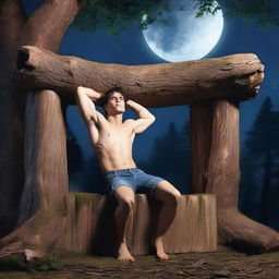 A sexy young man lies on his back across a giant altar made from a tree stump, tied with vines as a sacrifice