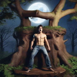 A sexy young man lies on his back across a giant altar made from a tree stump, tied with vines as a sacrifice