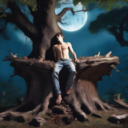 A horror scene featuring a sexy young man lying on his back across the top of a giant altar made from a tree stump