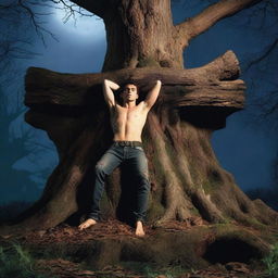 A horror scene featuring a sexy young man lying on his back across the top of a giant altar made from a tree stump