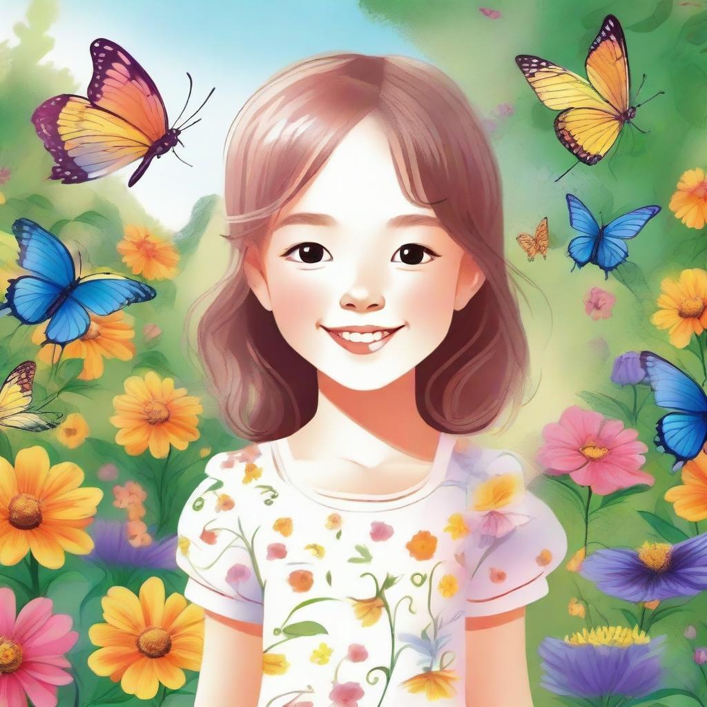 A detailed illustration of a young girl with a cheerful expression, standing in a beautiful garden with colorful flowers and butterflies