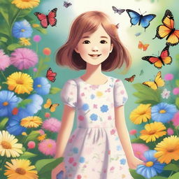 A detailed illustration of a young girl with a cheerful expression, standing in a beautiful garden with colorful flowers and butterflies