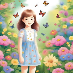 A detailed illustration of a young girl with a cheerful expression, standing in a beautiful garden with colorful flowers and butterflies