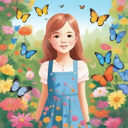 A detailed illustration of a young girl with a cheerful expression, standing in a beautiful garden with colorful flowers and butterflies