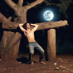 A horror scene featuring a sexy young man lying on his back across the top of a giant altar made from a tree stump