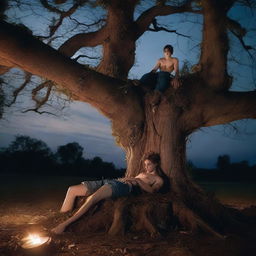 A horror scene featuring a sexy young man lying on his back across the top of a giant altar made from a tree stump