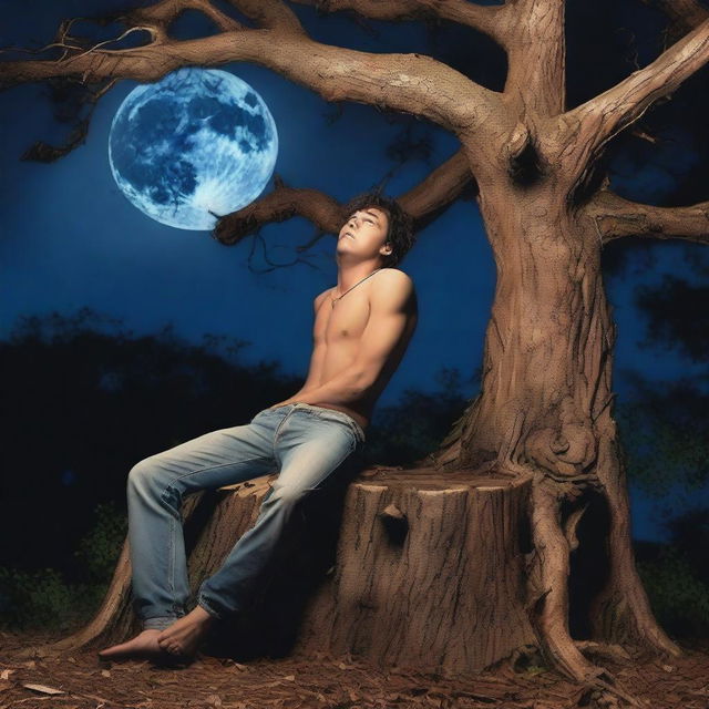 A horror scene featuring a sexy young man lying on his back across the top of a giant altar made from a tree stump