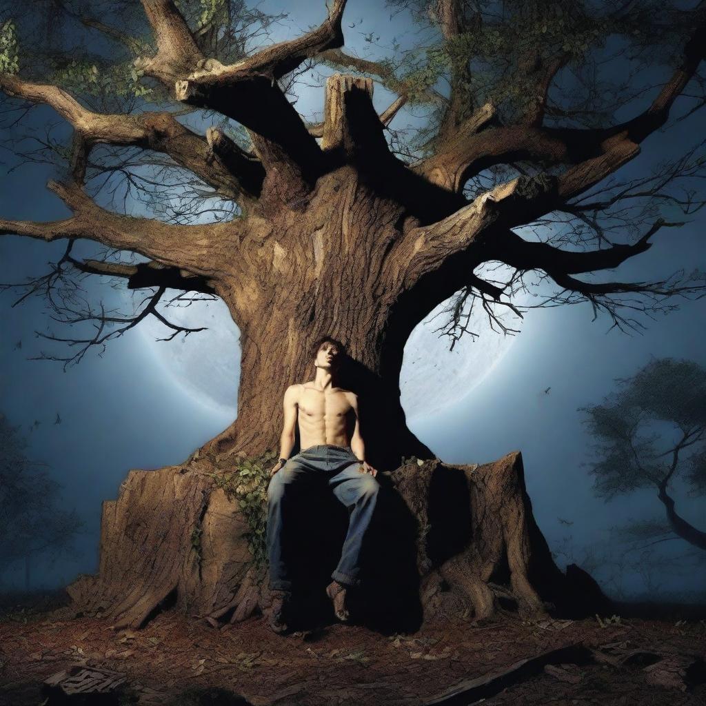 A realistic horror scene featuring a young man lying on his back across the top of a giant altar made from a tree stump