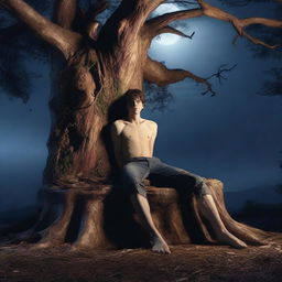 A realistic horror scene featuring a young man lying on his back across the top of a giant altar made from a tree stump