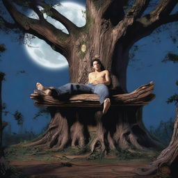 A young man is lying flat on his back across the top of a giant altar made from a tree stump